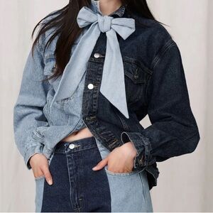 New E.L.V DENIM Upcycled Jean Jacket Size XL VERY OVERSIZED Fit Asymmetrical